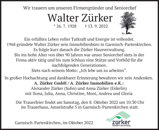 Todesanzeige von Walter Zürker von merkurtz