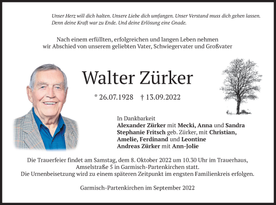 Todesanzeige von Walter Zürker von merkurtz