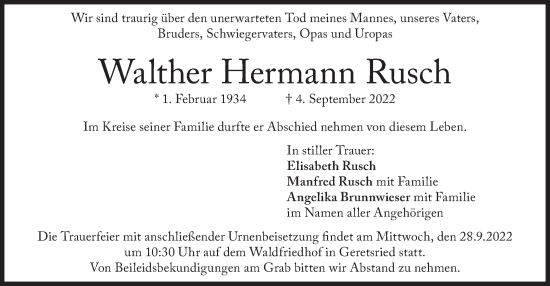 Todesanzeige von Walther Hermann Rusch von merkurtz