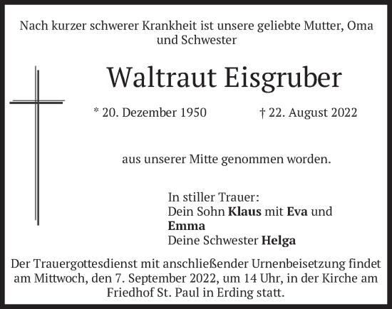 Todesanzeige von Waltraut Eisgruber von merkurtz