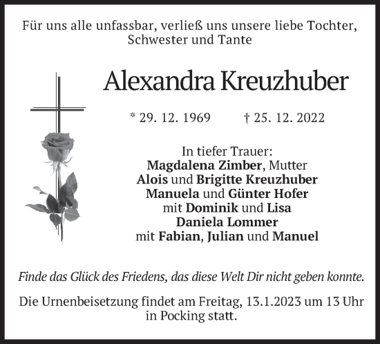 Todesanzeige von Alexandra Kreuzhuber von merkurtz