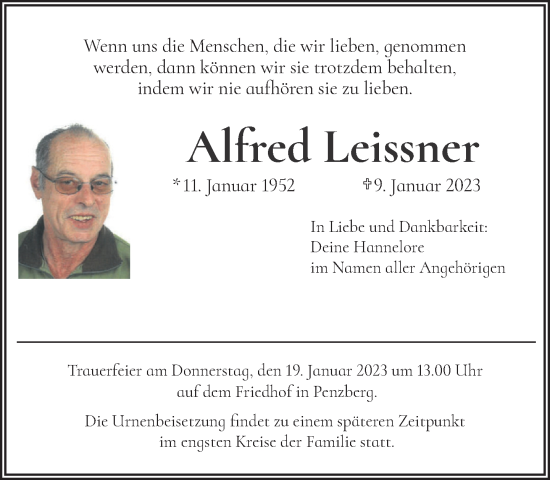 Todesanzeige von Alfred Leissner von Das Gelbe Blatt Penzberg