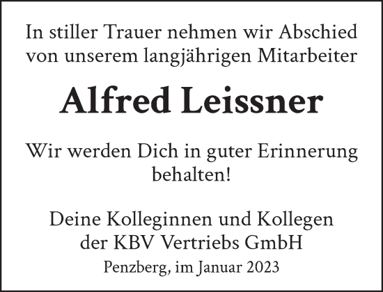 Todesanzeige von Alfred Leissner von Das Gelbe Blatt Penzberg