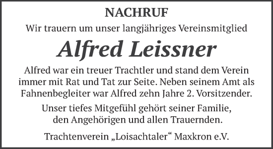 Todesanzeige von Alfred Leissner von Das Gelbe Blatt Penzberg