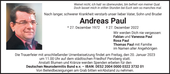 Todesanzeige von Andreas Paul von Das Gelbe Blatt Penzberg