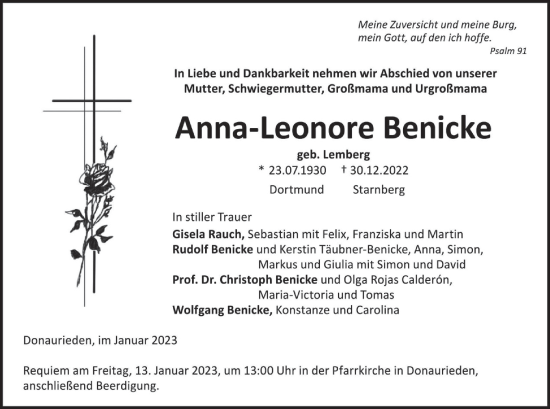 Todesanzeige von Anna-Leonore Benicke von merkurtz