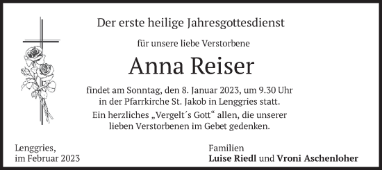 Todesanzeige von Anna Reiser von merkurtz
