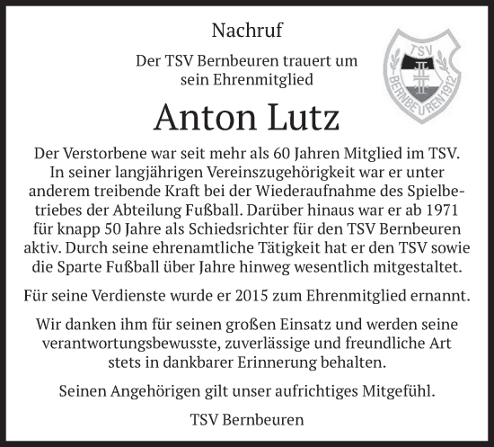 Todesanzeige von Anton Lutz von merkurtz