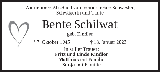 Todesanzeige von Bente Schilwat von merkurtz