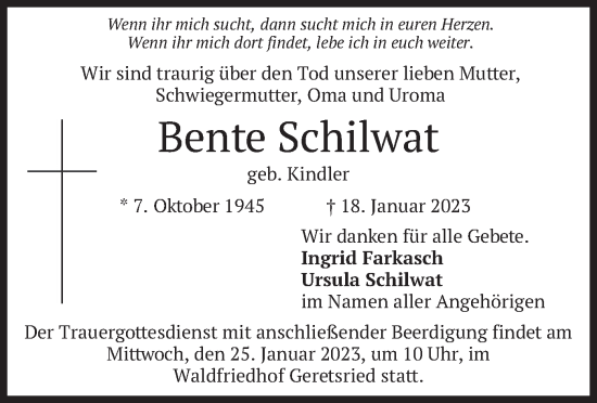 Todesanzeige von Bente Schilwat von merkurtz