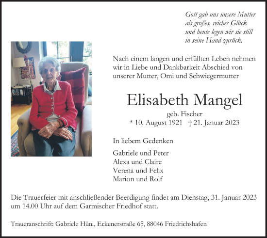 Todesanzeige von Elisabeth Mangel von merkurtz