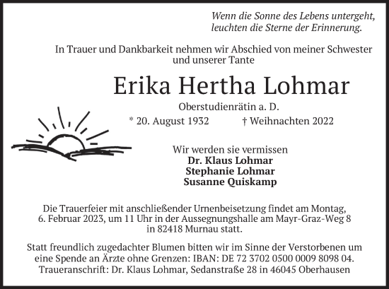 Todesanzeige von Erika Hertha Lohmar von merkurtz