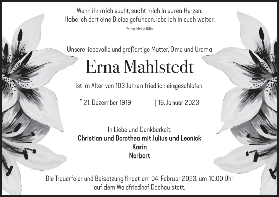 Todesanzeige von Erna Mahlstedt von merkurtz