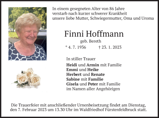 Todesanzeige von Finni Hoffmann von merkurtz
