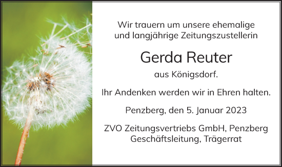 Todesanzeige von Gerda Reuter von merkurtz