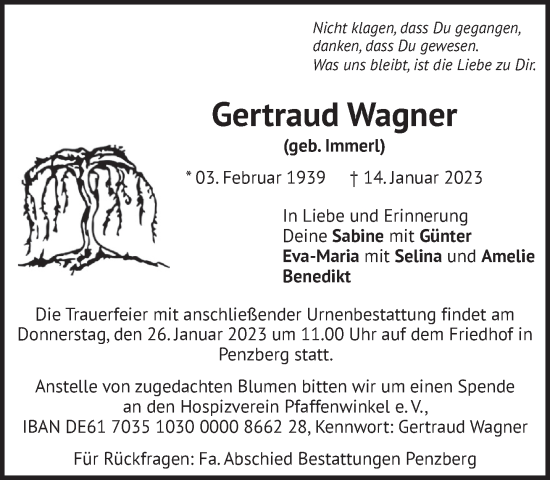 Todesanzeige von Gertraud Wagner von Das Gelbe Blatt Penzberg
