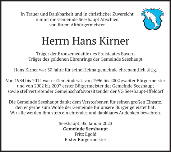 Todesanzeige von Hans Kirner von merkurtz