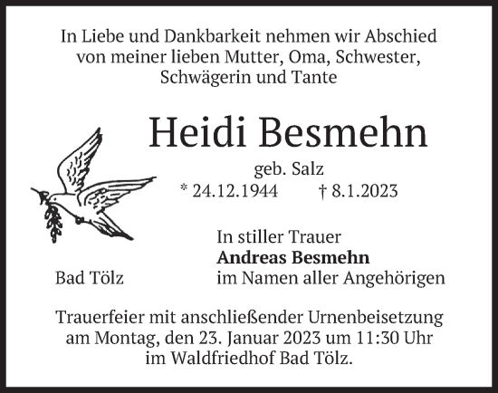Todesanzeige von Heidi Besmehn von merkurtz