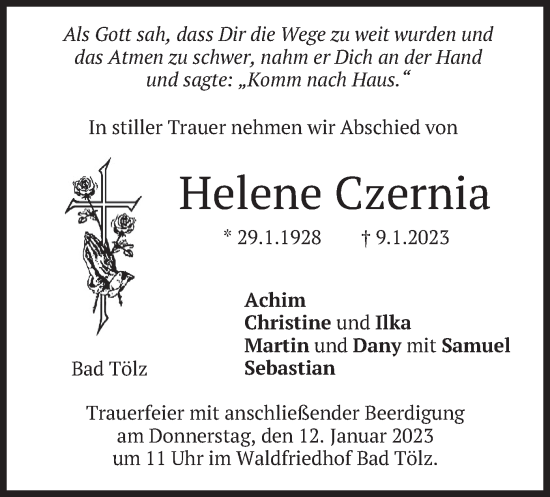 Todesanzeige von Helene Czernia von merkurtz