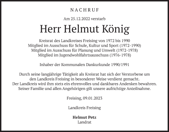 Todesanzeige von Helmut König von merkurtz