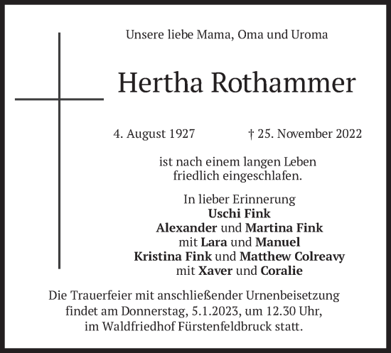 Todesanzeige von Hertha Rothammer von merkurtz