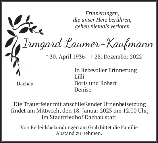 Todesanzeige von Irmgard Laumer-Kaufmann von merkurtz