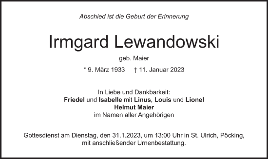 Todesanzeige von Irmgard Lewandowski von merkurtz