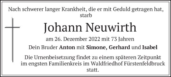 Todesanzeige von Johann Neuwirth von merkurtz