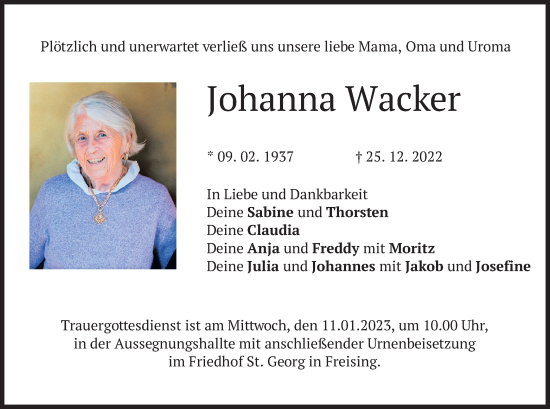 Todesanzeige von Johanna Wacker von merkurtz