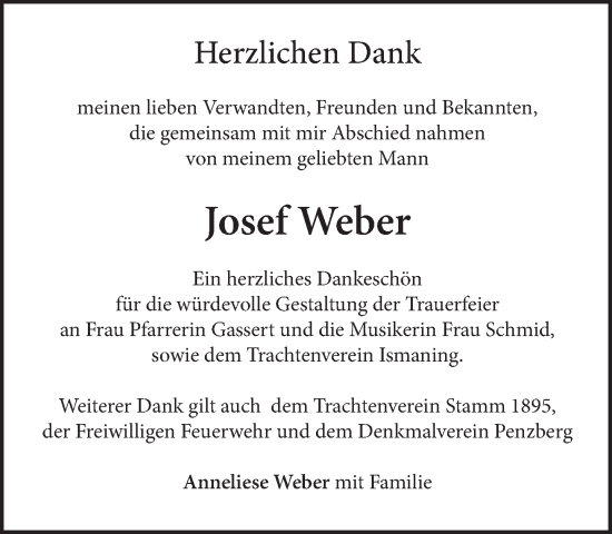 Todesanzeige von Josef Weber von Das Gelbe Blatt Penzberg