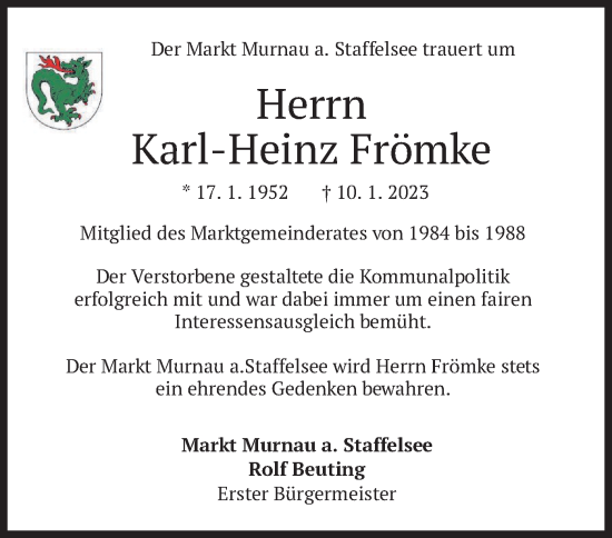 Todesanzeige von Karl-Heinz Frömke von merkurtz