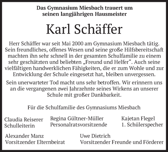 Todesanzeige von Karl Schäffer von merkurtz