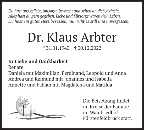 Todesanzeige von Klaus Arbter von merkurtz