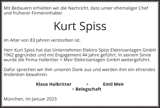 Todesanzeige von Kurt Spiss von merkurtz