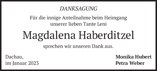 Todesanzeige von Magdalena Haberditzel von merkurtz