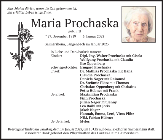 Todesanzeige von Maria Prochaska von merkurtz