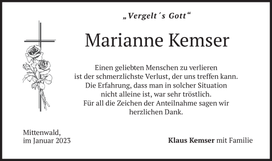 Todesanzeige von Marianne Kemser von merkurtz