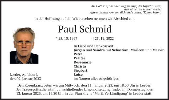 Todesanzeige von Paul Schmid von merkurtz