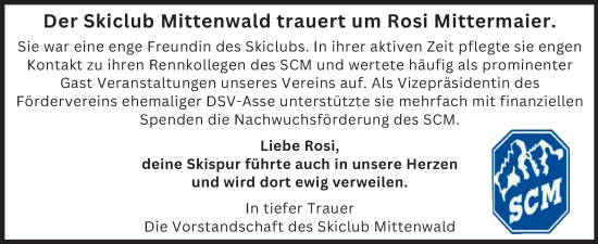 Todesanzeige von Rosi Mittermaier von merkurtz