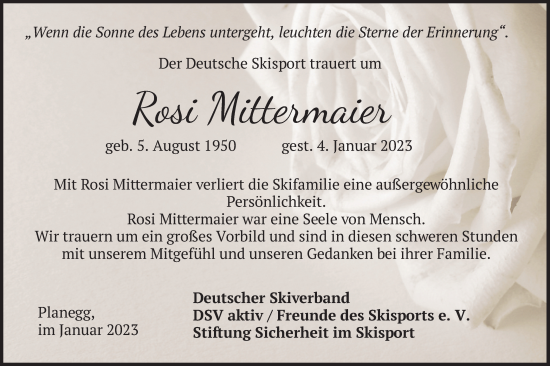 Todesanzeige von Rosi Mittermaier von merkurtz