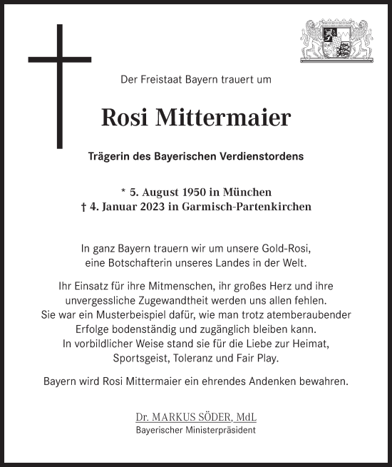 Todesanzeige von Rosi Mittermaier von merkurtz