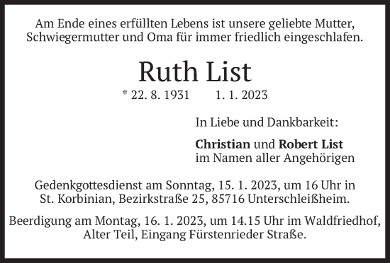 Todesanzeige von Ruth List von merkurtz
