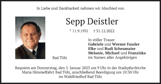 Todesanzeige von Sepp Deistler von merkurtz