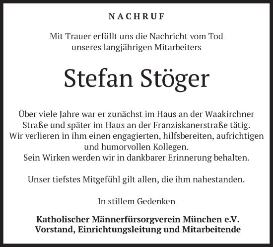 Todesanzeige von Stefan Stöger von merkurtz