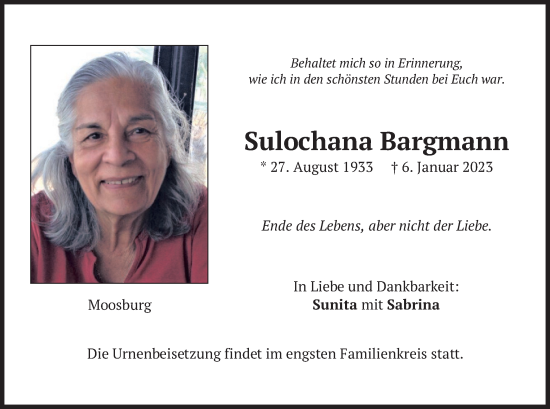 Todesanzeige von Sulochana Bargmann von merkurtz