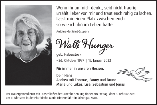 Todesanzeige von Walli Hunger von merkurtz