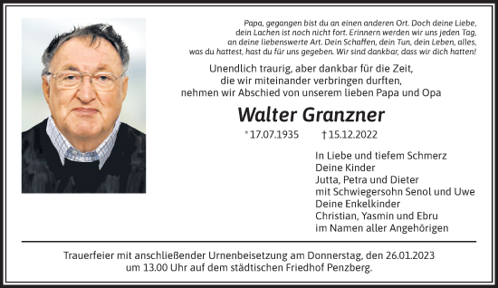 Todesanzeige von Walter Granzner von Das Gelbe Blatt Penzberg