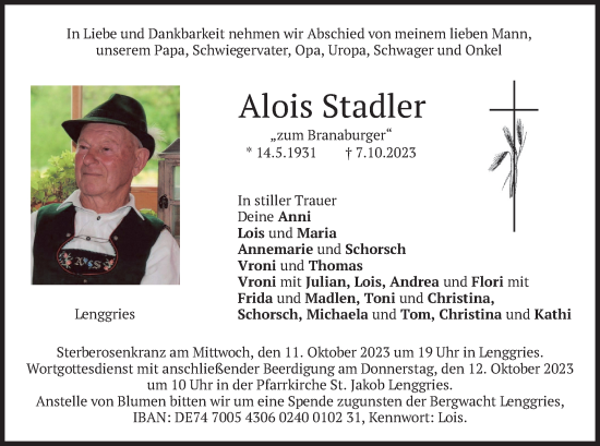 Todesanzeige von Alois Stadler von merkurtz