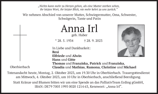 Todesanzeige von Anna Irl von merkurtz
