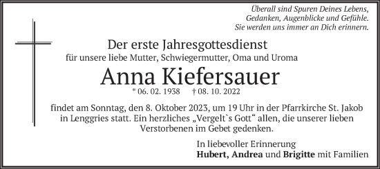 Todesanzeige von Anna Kiefersauer von merkurtz